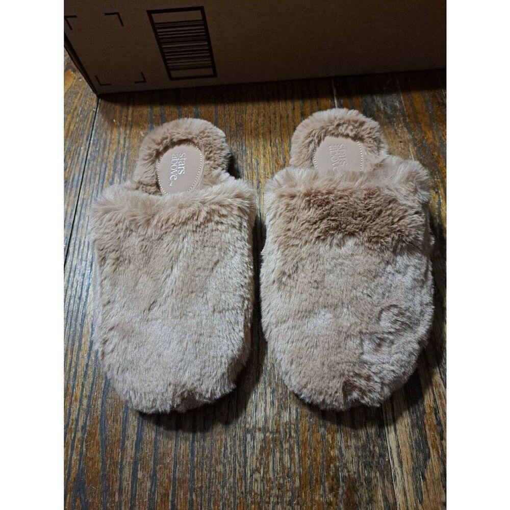 New Small 5-6 Above the Stars Brown Slide On Backless Memory Foam Fuzzy Slippers